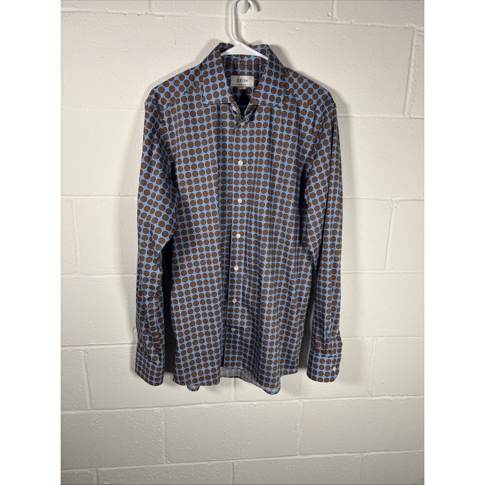 Eton Dress Shirt Size 41 16 Contemporary Fit in Blue w/ Brown Polka Dots Cotton